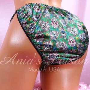 Bragas de satén Sissy HALLOWEEN para hombre verde azúcar calaveras wetlook cuerda bikini - Imagen 1 de 5
