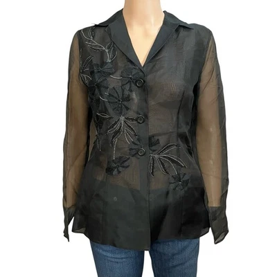 Blusa Tahari Floral Bordada Con Cuentas Talla 4 Seda Organza Transparente Con Botones Foto 1 de 4