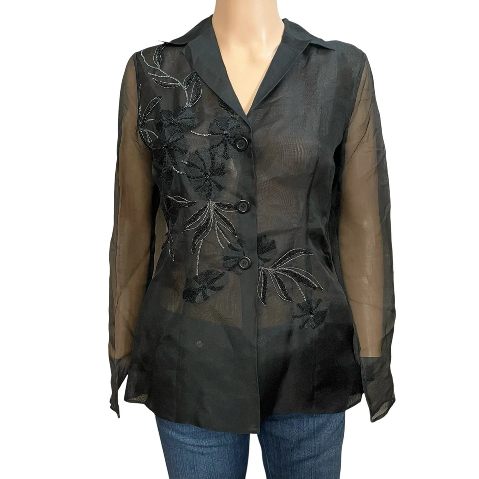 Blusa Tahari Floral Bordada Con Cuentas Talla 4 Seda Organza Transparente Con Botones Foto 1 de 4