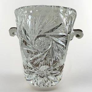 American Brilliant Heavy Cut Glass Ice Bucket W/Handles Hobstar Crystal Design - Picture 1 of 11