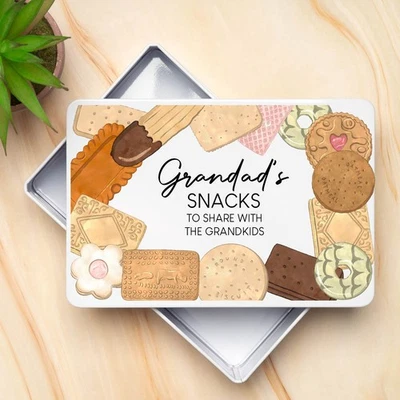 Personalised Biscuits White Metal Storage Tin Snacks Christmas Birthday Grandad - Image 1 of 3