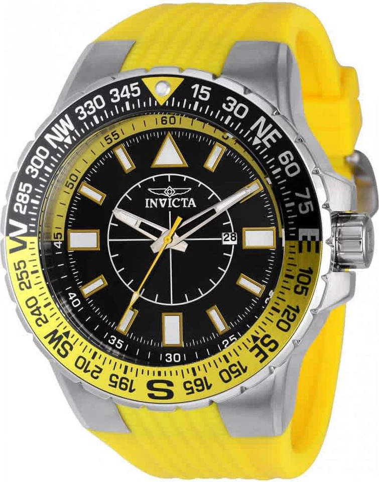 Invicta Men's Watch Aviator Quartz Compass Black Dial Yellow Rubber Strap 36981