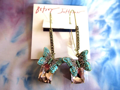 BETSEY JOHNSON Boho Mariposa Cristal Pastor Gancho Antiguo Dorado PLATEADO Pendiente Foto 1 de 4