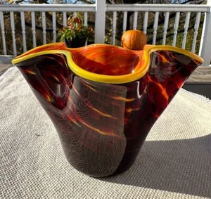 Gathering Glass Studio Fluted Bowl Vase Orange Yellow Red - Picture 1 of 5