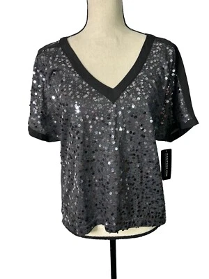 Blusa Rampage Mujer Mediana Negra Lentejuelas Hombro Dividido Camiseta Espalda Alta Baja NUEVA Foto 1 de 4