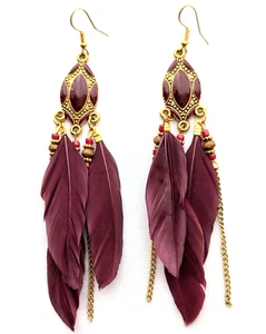 Long Red Feather Dangle Earrings Tassel Cha Cha Boho Bali Style Jewelry - Picture 1 of 4