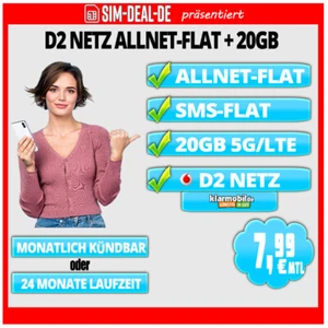 📶 Handytarif D2 ALLNET- & SMS-FLAT + 20GB 5G/ LTE 7,99 EUR SIM ONLY TARIF 🚀🔥 - Bild 1 von 1