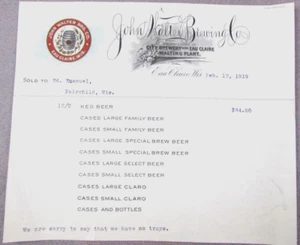 Walter Brewing Co. Colored Billhead Eau Claire Wi. 1919 Pre Prohibition - Picture 1 of 2