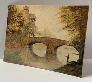 VINTAGE LANDSCAPE WATERCOLOUR PAINTING ON BOARD FIELDS CASTLE TREES BRIDGE RIVER - Picture 1 of 24