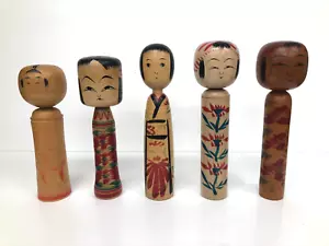 Vecchia bambola tradizionale giapponese in legno Kokeshi ×5: giocattoli locali artigianato popolare 5989 - Foto 1 di 9