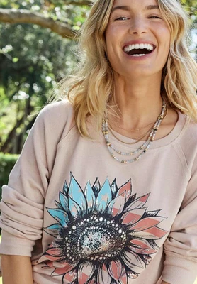 Maurices Womens Ivory Graphic Long Sleeve Sweatshirt Raw/Split Hem Small - Image 1 of 4