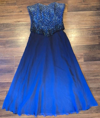 VTG 90 Lillie Rubin Dress Women 12 Blue Silk Ombre Beaded Strapless Evening Gown - Image 1 of 4