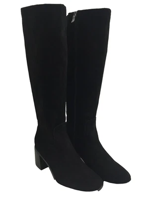 MARKS & SPENCER M&S Women's Knee High Boots Black Suede Standard Fit High Zip Block Heel New