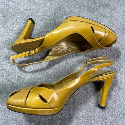 Stuart Weitzman Yellow Patent Leather Slingback Peep Toe Platform Heels Size 7 - Image 1 of 4