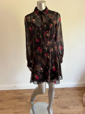 Vestido Camisa Ted Baker Mujer TB 2 UK 10 Nivel Negro Floral Forrado Cinturón NUEVO Foto 1 de 4