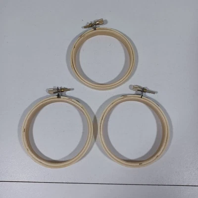Lot of 3 Round Wooden Embroidery 3" Hoops With Metal Screw Closures - Image 1 of 3