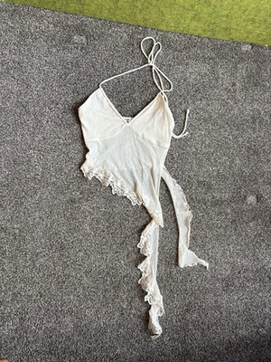 Bershka Rustic Strappy Top Asymmetric Hem S Off White Ruffles V-halterneck Lace - Image 1 of 4
