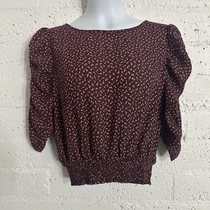 Paper Crane Damen Top L rot weinrot Blumenmuster 1/2 Arm gesmokte Taille F7 - Bild 1 von 4