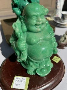 Vintage Oriental Green Faux Jade Happy Smiling Buddha Statue Carrying Moneybag - Picture 1 of 11