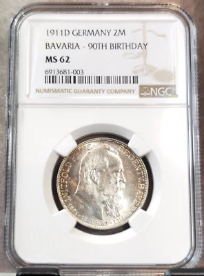 1911 GERMANY SILVER 2 MARK BAVARIA PRINCE REGENT LUITPOLD BIRTHDAY NGC MS 62 - Image 1 of 3