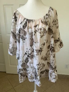 Elle Women Pink Gray Floral Off The Shoulder Ruffled Chiffon Blouse Size XL Boho - Picture 1 of 13