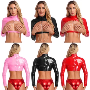 Womens Wet Look Leather Long Sleeves Hollow Out with Chains Crop Top Clubwear - Picture 1 of 36