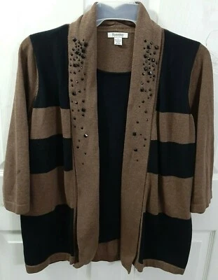 Suéter HAMPSHIRE STUDIO Manga 3/4, Marrón/Negro Abierto Bloques de Color Cuentas Talla L Foto 1 de 4