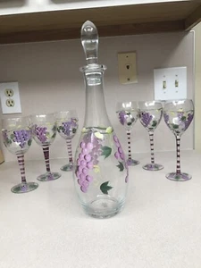  Hand Painted Decanter & 6 Wine Glasses Painted With Grapes and Leaves  - Picture 1 of 7