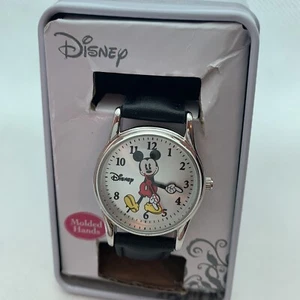 Mickey Mouse Watch NIB Adult Size Classic Silver Tone Black Leather Band Works - Picture 1 of 11
