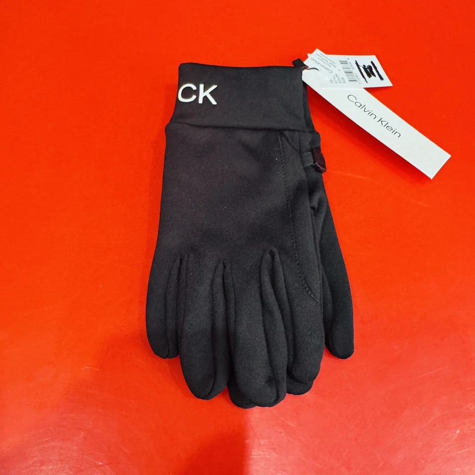 "Guantes CALVIN KLEIN Tech con logotipo de dedo tejidos negros puños con bandas talla pequeña 9,2"" de largo" Foto 1 de 4
