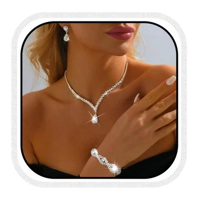 Parure de bijoux en argent avec strass et collier de mariage pour femme taill... - Photo 1/4