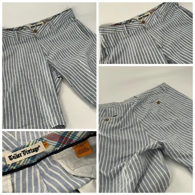 Pantalones Cortos Tailor Vintage Talla 36 (etiqueta 34) Azul Rayas Lino Algodón Planos Fr YGI D2-91 Foto 1 de 4