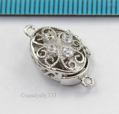1x  Rhodium plated STERLING SILVER CZ CRYSTAL OVAL 1-strand BOX CLASP 14mm #3118 - Image 1 of 4