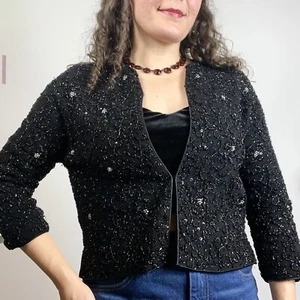 Vtg 50s Wool Angora Cashmere ? Cardigan Sz M Heavily Beaded Silk Lined Sweater - Picture 1 of 9