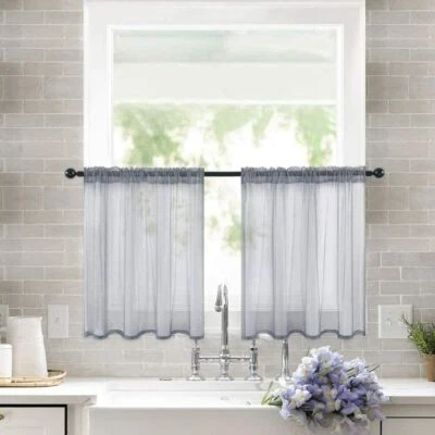 Short Sheer Curtains Kitchen Cafe Net Voile Window Drapes Weave Tier Tulle , - Image 1 of 4
