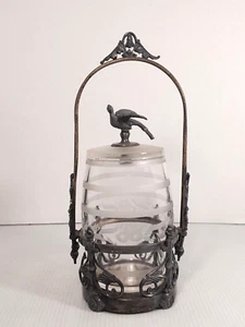 Atq Victorian EAPG Glass Etched Pickle Castor Barrel Pheasant Lid Simpson Hall - Picture 1 of 18