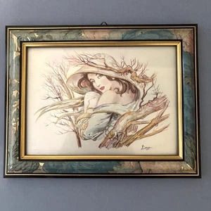 Framed Print Metallic Embossed Gold Foil Woman in Hat Signed Berger Italy 8.5x7" - Picture 1 of 13