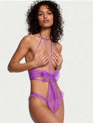 Victoria's Secret M BOW PLAYSUIT TEDDY one-piece crotchless PURPLE tease mesh - Image 1 of 3
