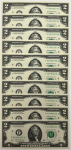 ✯Lot of 10 NEW Uncirculated Two Dollar Bills Crisp $2 Sequential Note 2017✯ - Picture 1 of 14