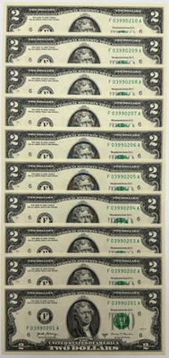 ✯Lot of 10 NEW Uncirculated Two Dollar Bills Crisp $2 Sequential Note 2017✯ - Image 1 of 4