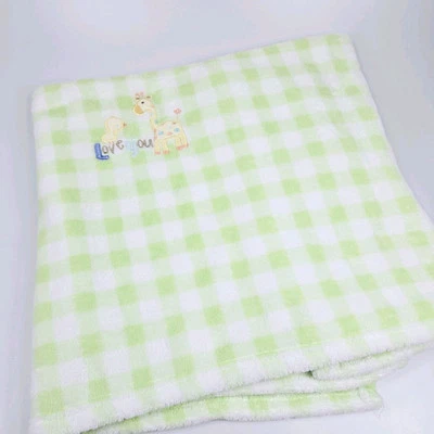 Carters Just One Year Baby  Gingham Check Blanket Green Love You Giraffe Duck  - Image 1 of 4