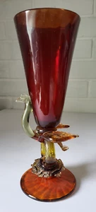 FAB RETRO VINTAGE MURANO STYLE RED ORANGE GLASS VASE RING & BIRD DESIGN 9" TALL - Picture 1 of 11