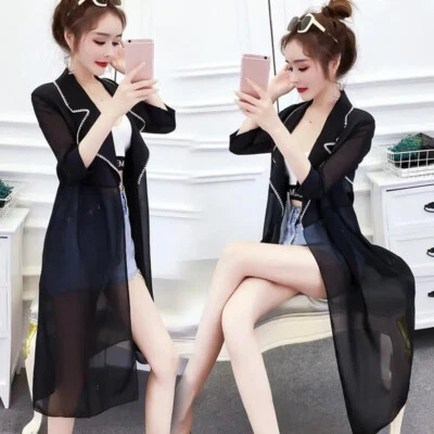 Women Chiffon Midi Cardigan Lapel Blazer Jacket Half Sleeve Open Overcoat - Image 1 of 4