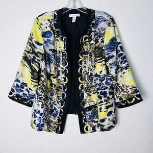 Chicos Open Blazer Jacket Size 2 Blue Yellow White Animal Print Designed Cuff - Picture 1 of 6