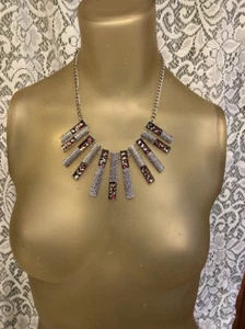 Silver-tone Chain Bib Statement Necklace Pink Cheetah 19" NWT - Picture 1 of 8
