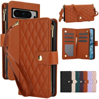 Grid Leather Wallet Zipper Phone Case For Google Pixel 9 8 7 6 Pro XL 6A 7A 8A - Image 1 of 4
