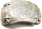Belt Buckle Stars Etched Floral Rolled Edge Shiny Silver Tone South-Western