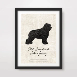 ANTIGUO PÓSTER DE IMPRESIÓN ARTÍSTICA DE PERRO PASTOR INGLÉS Raza Silueta Negra Imagen De Colección - Imagen 1 de 3