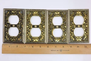 Lot of 4 Floral Filigree Outlet Cover Plates-Foil Backed Ornate Brass w/Screws - Picture 1 of 4