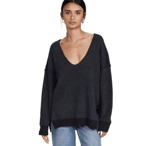 Free People Sweater Weather Oversized Slouchy V Neck Tunic Charcoal - Picture 1 of 5